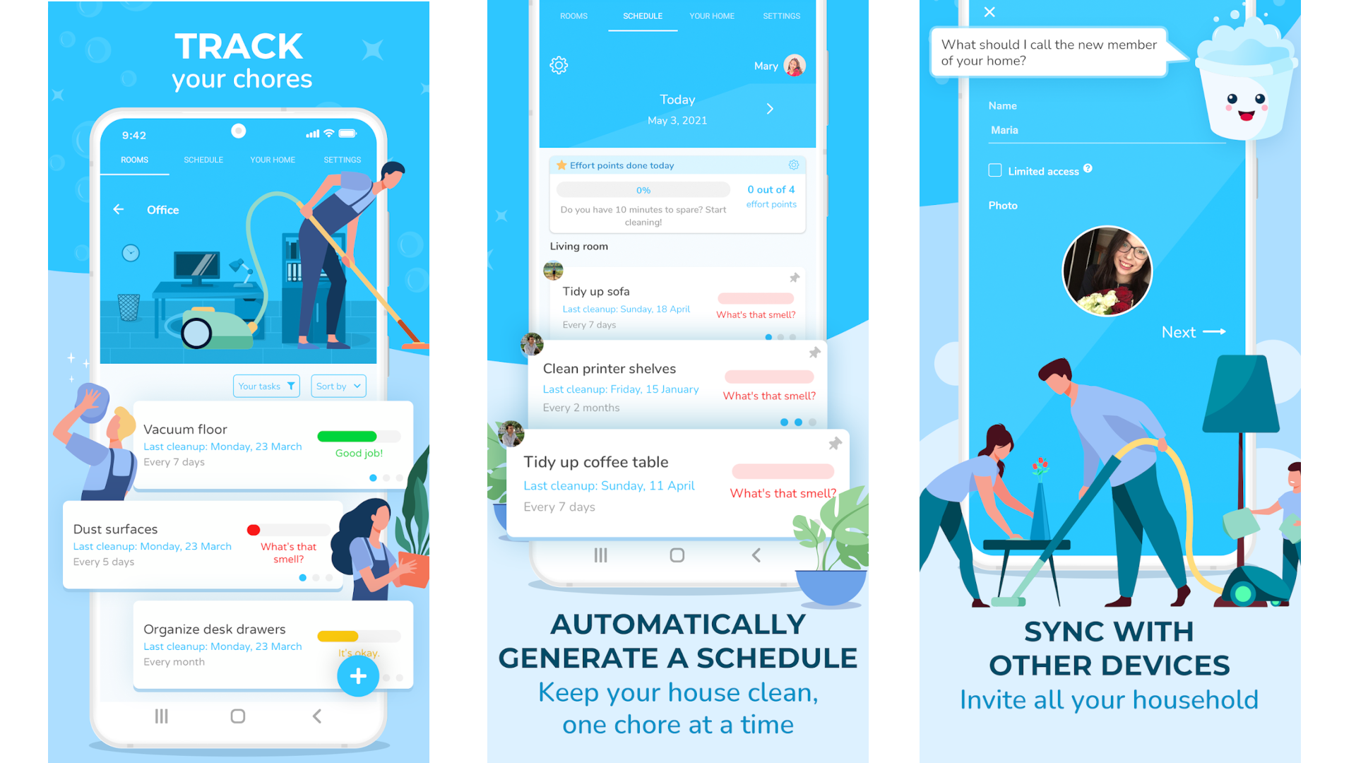 Screenshots show the interface of the Sweepy app.