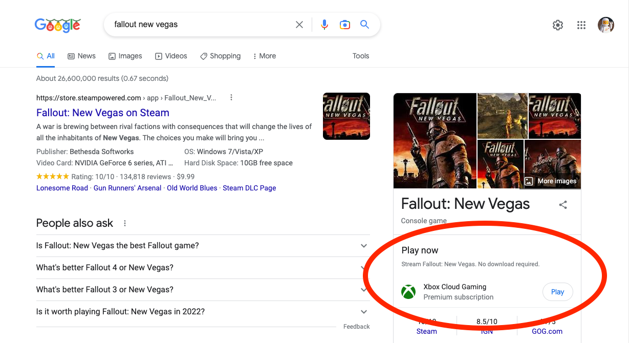 Xbox Cloud Gaming link in search results for &ldquo;Fallout New Vegas&rdquo;