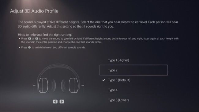 Select a profile for 3D Audio for Headphones on PS5