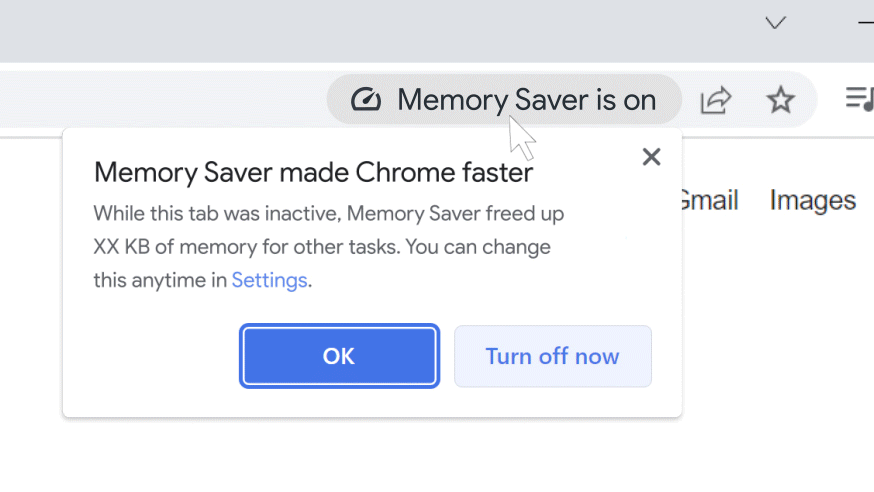 Screenshot of memory saver popup