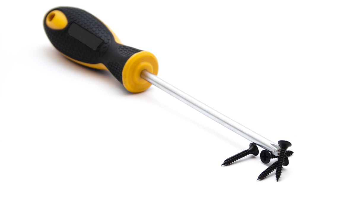 Magnetic screwdriver with several screws attached to the end.