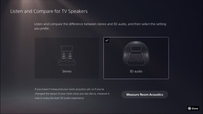 Compare 3D Audio and Stereo audio with 3D Audio for TV Speakers on PS5