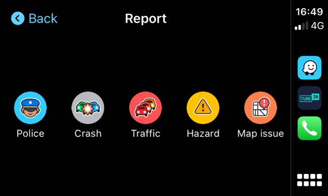 Waze CarPlay interface when reporting incident
