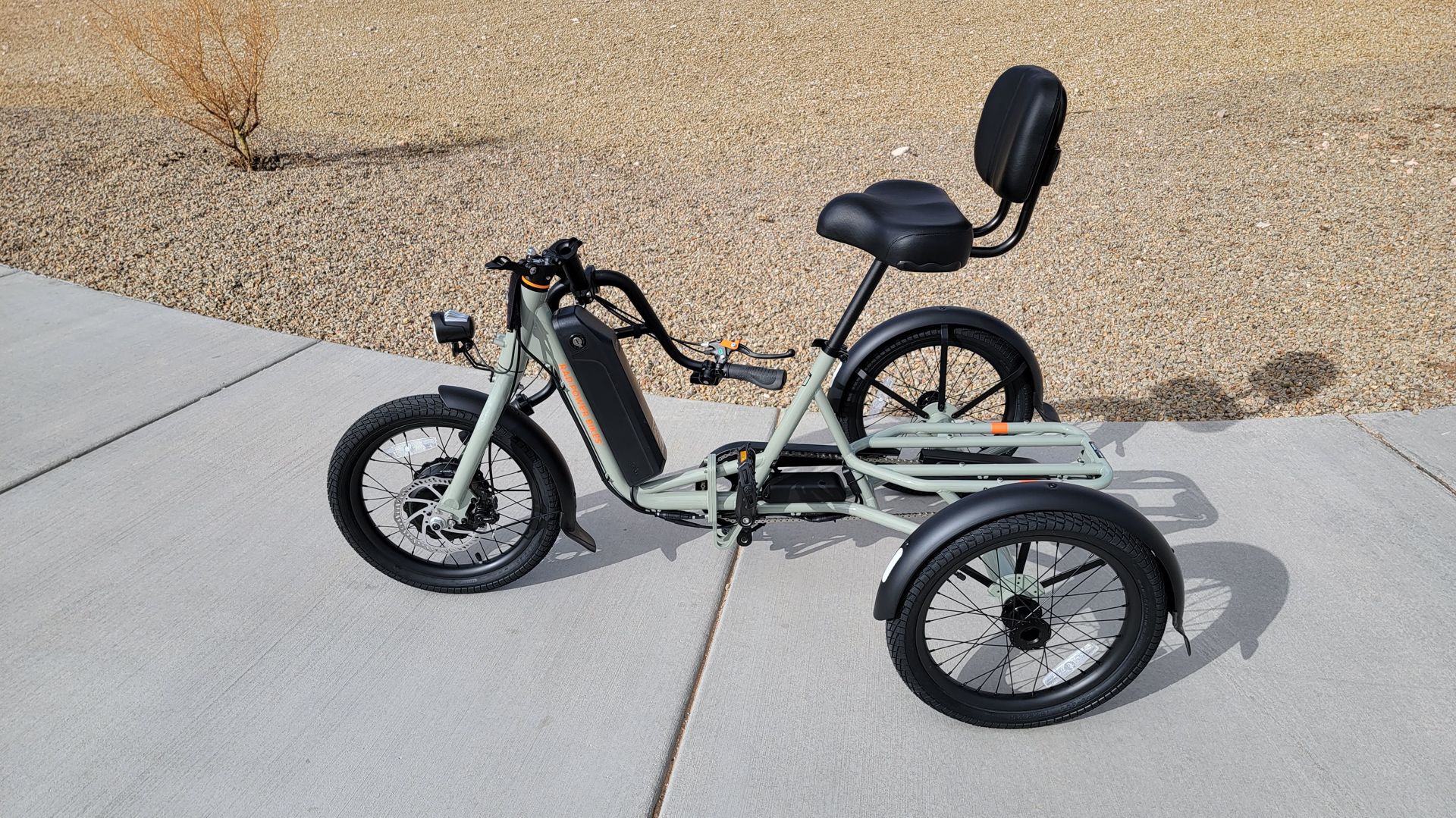 RadTrike ebike with the handlebars dropped for storage.