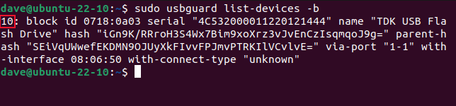 Using the list-devices command to list blocked, connected, devices