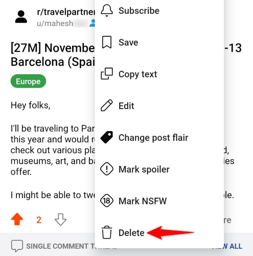 Select &ldquo;Delete&rdquo; in the menu.