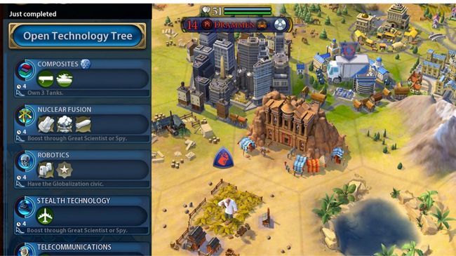 Civilization VI mobile showing open technlogy tree and game board