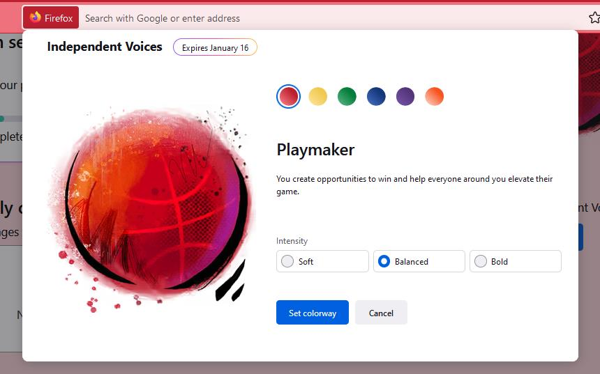 Screenshot of "Independent voices" colorway in Firefox