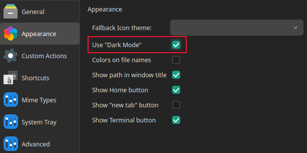 QtFM's dark mode check box