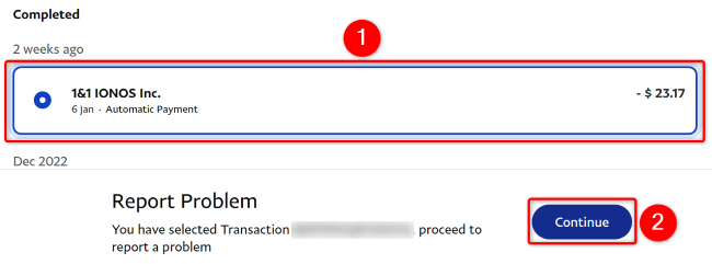 Select a transaction and click &ldquo;Continue.&quot;