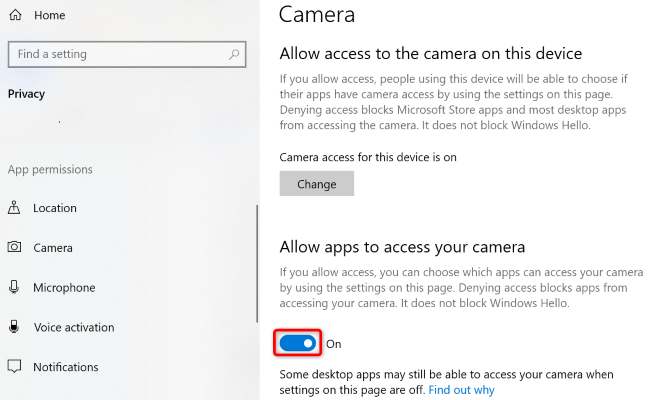 Turn on "Allow Apps to Access Your Camera."