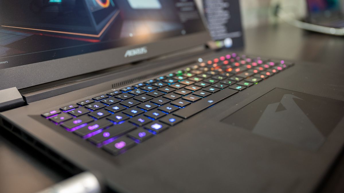 Close up of a Gigabyte gaming laptop's RGB keyboard
