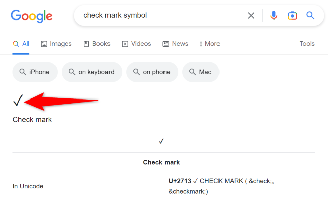 Copy the check mark symbol to the clipboard.