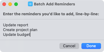 Item list in the Batch Add Reminders Shortcut