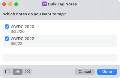 Selected results in the Bulk Tag Notes Shortcut