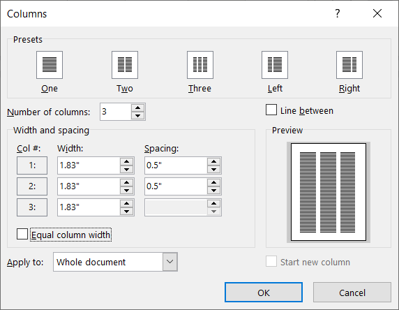 More Columns settings window