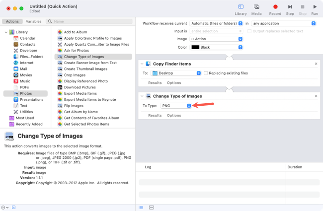 File format for the Change Type of Images action in Automator