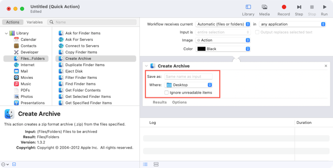 Create Archive action Message to add the Copy action in the Automator workflow