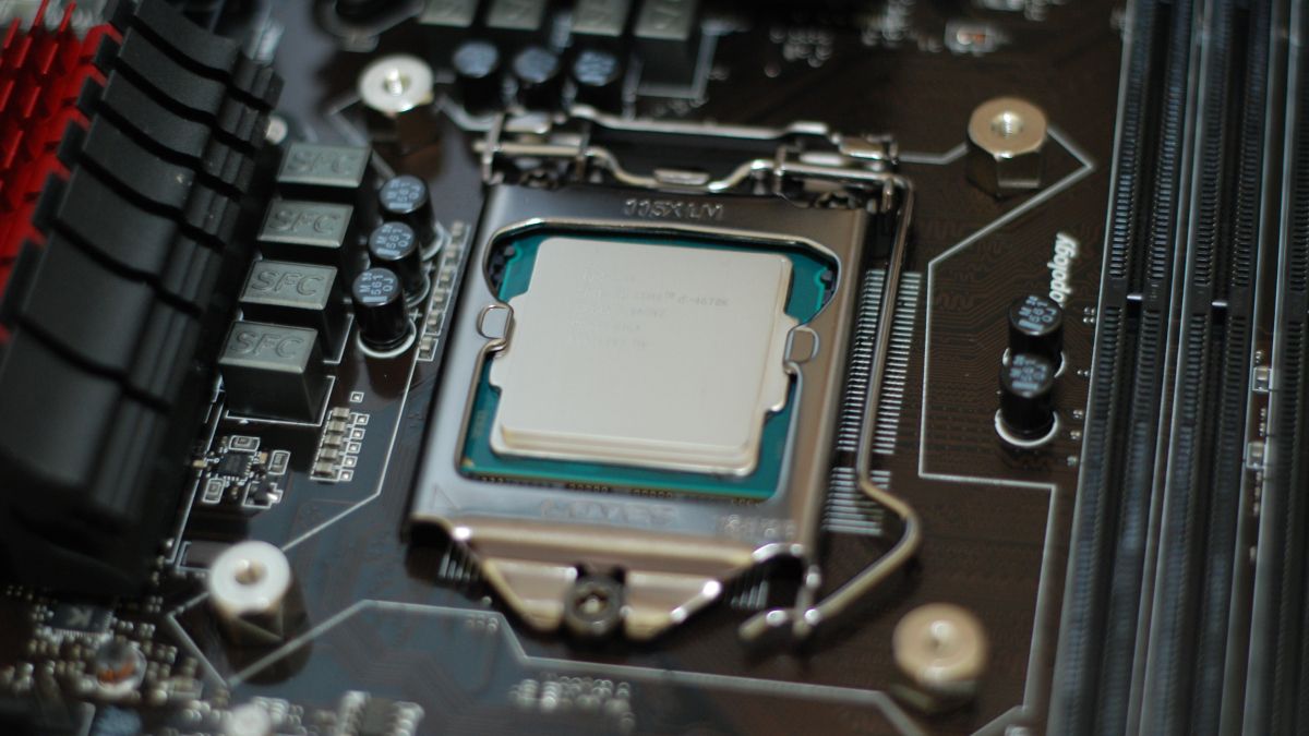 A CPU seated on a motherboard.