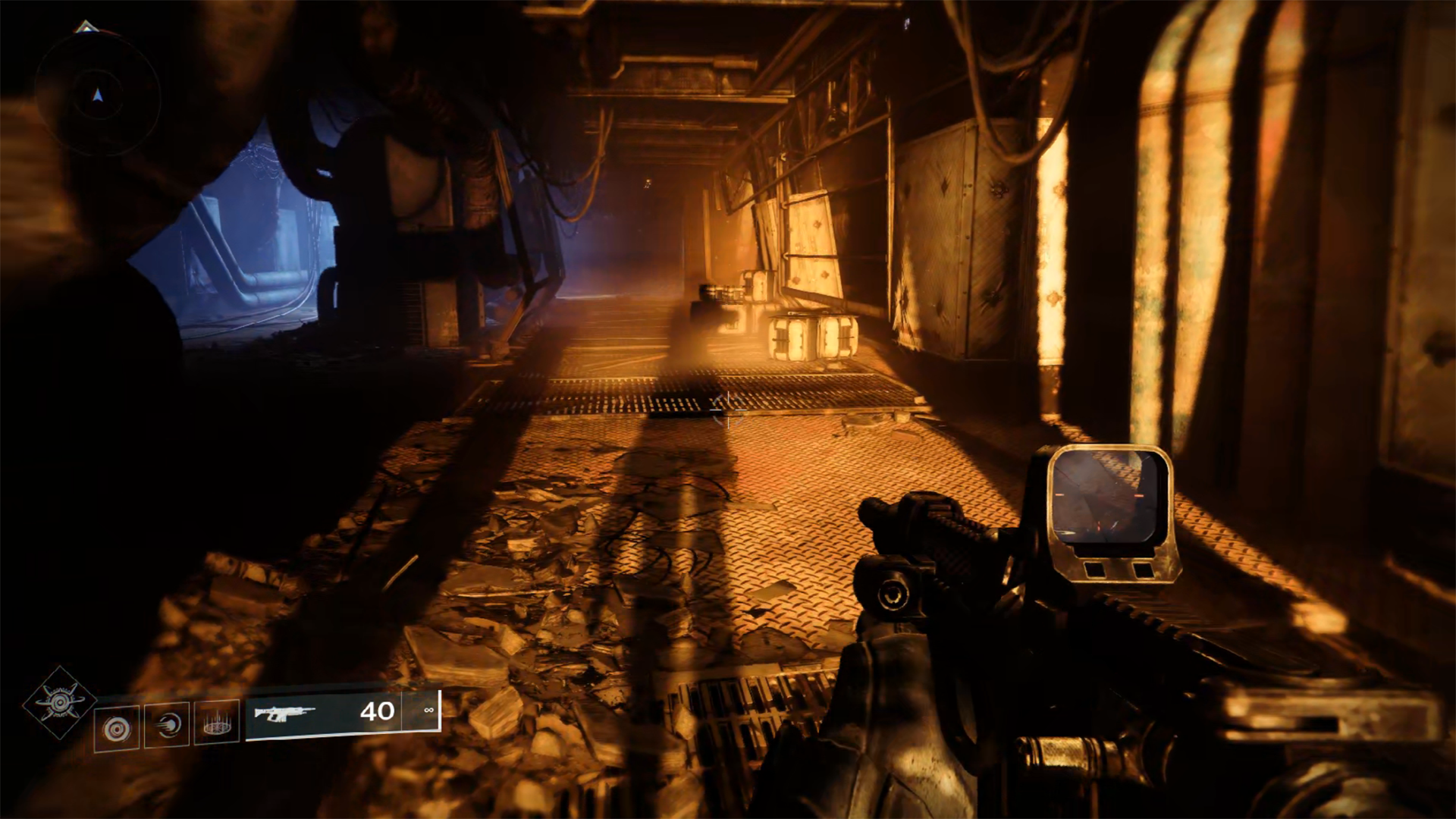 A screenshot of gameplay in a dark hallway in 