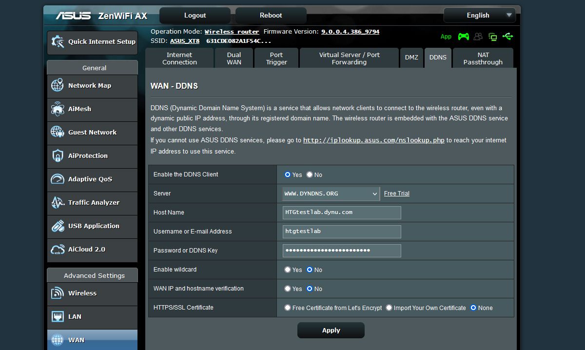 A screenshot of an ASUS router, showing the DDNS entry page.