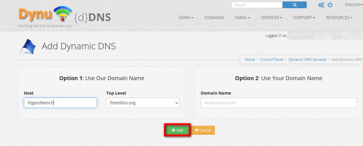 A screenshot showing how to create a new Dynamic DNS host using Dynu DDNS.