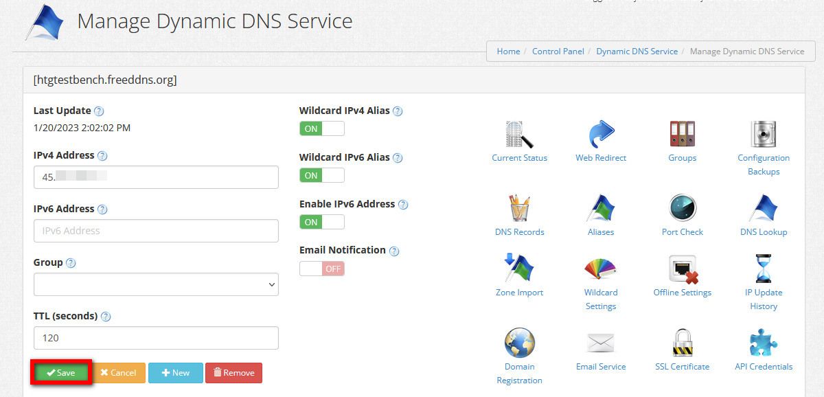 A screenshot of the settings for a Dynamic DNS entry at Dynu DDNS.