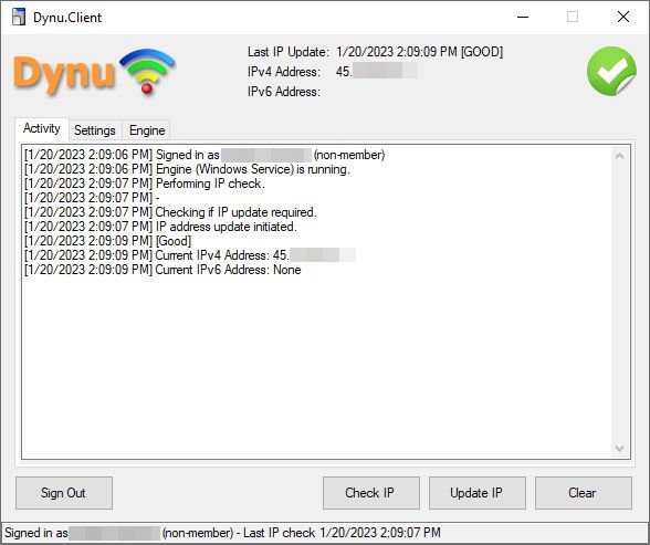 A screenshot of the Dynu update client running on a Windows PC.