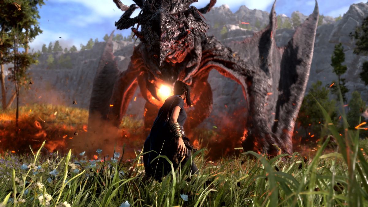 Forespoken Screenshot of Main Character Facing a Dragon