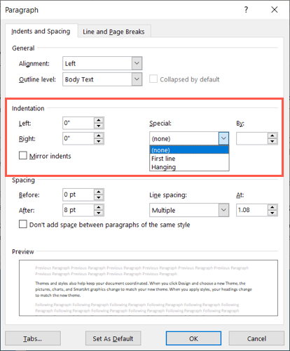 Indentation settings in the Paragraph window