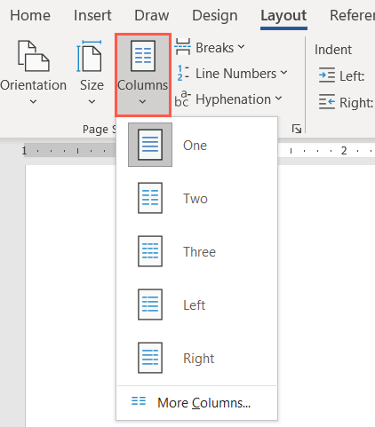 Columns menu on the Layout tab