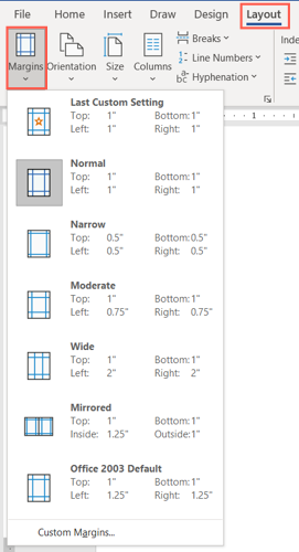 Margins menu on the Layout tab