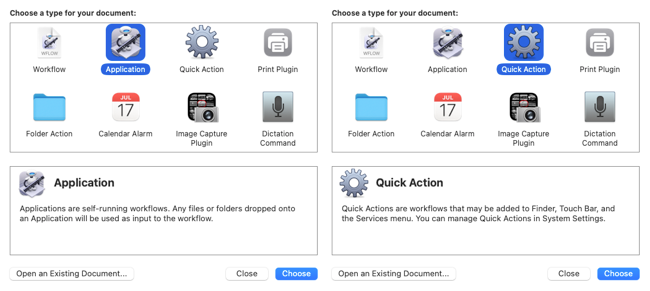 Application and Quick Action options in Automator