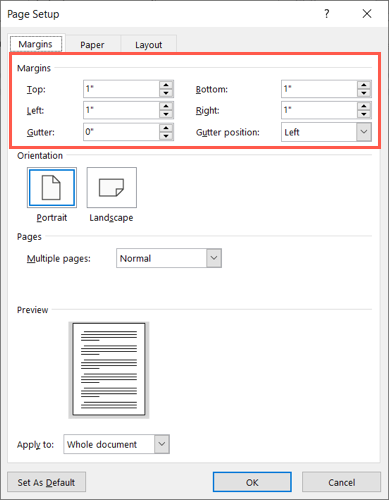 Margin settings in the Page Setup window