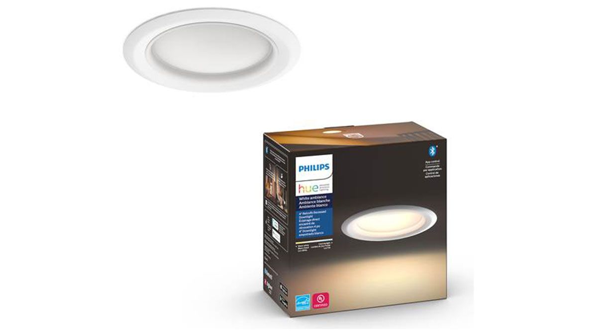 Philips Hue LED lighting fixture box and offset iin the left corner.