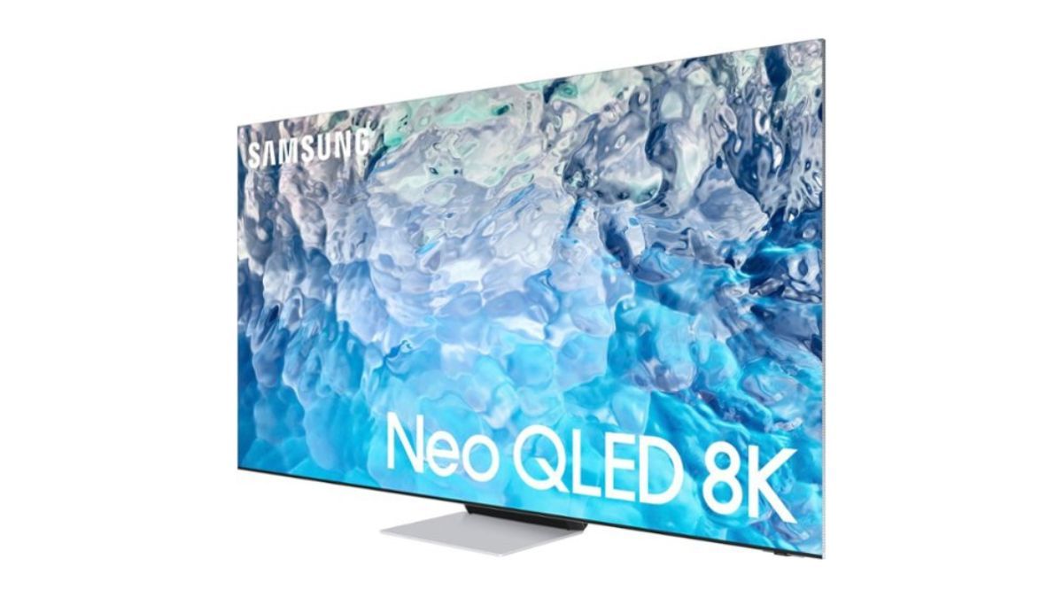 Samsung 85-inch Neo QLED 8K television with stock image and viewed at an angle