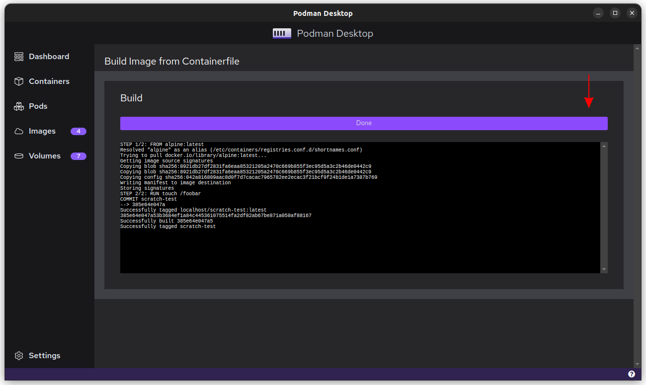 Screenshot of building an image in Podman Desktop