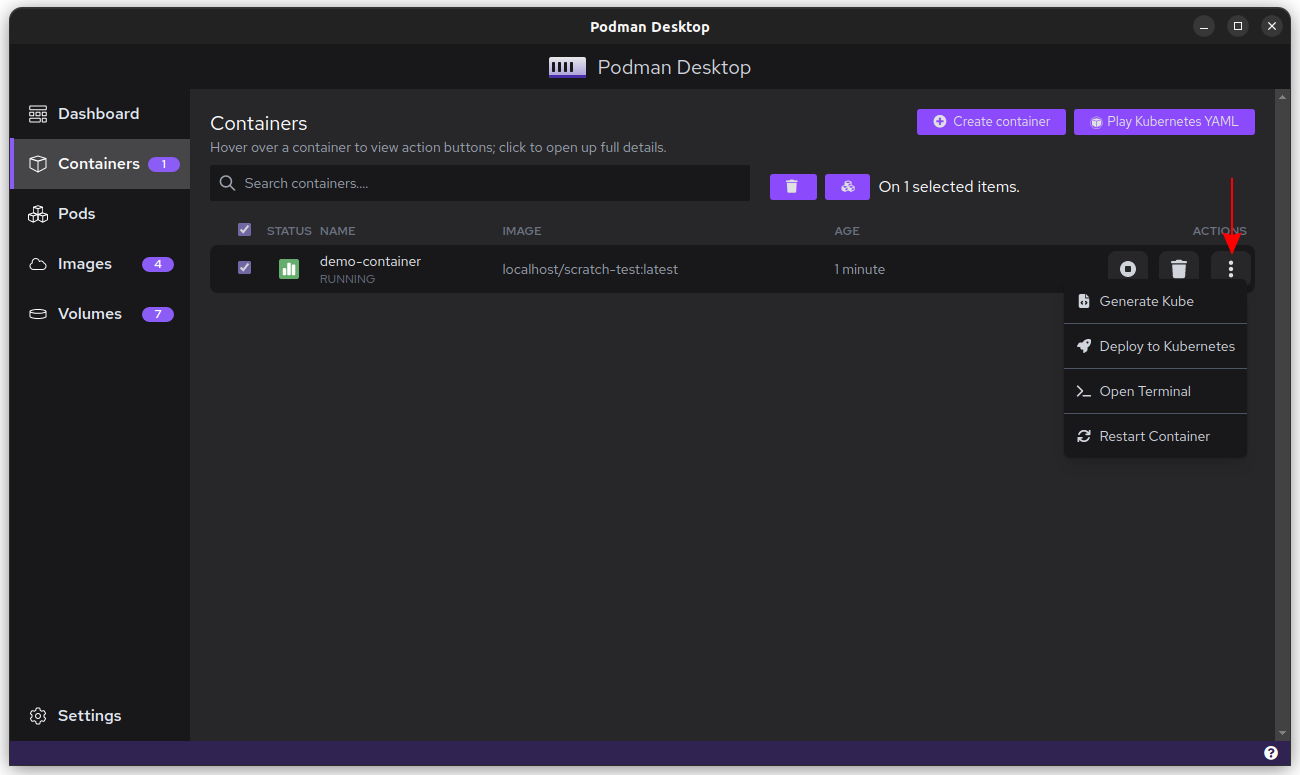 Screenshot of viewing a container's menu in Podman Desktop