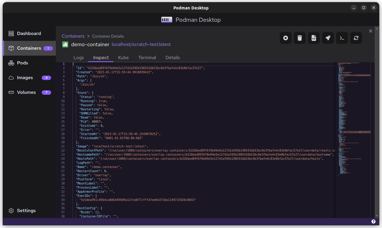 Screenshot of viiewing a container's details in Podman Desktop