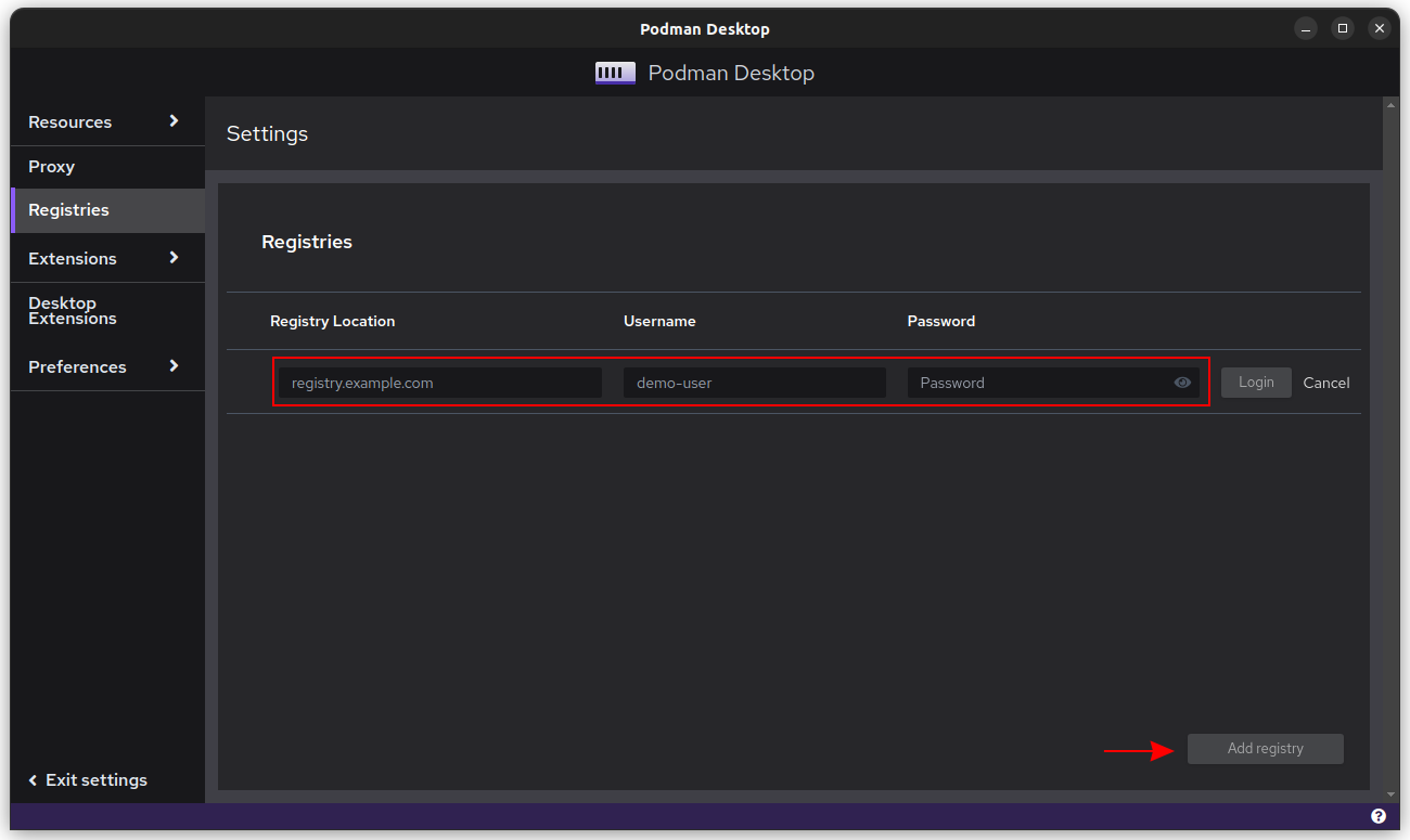 Screenshot of supplying registry credentials in Podman Desktop