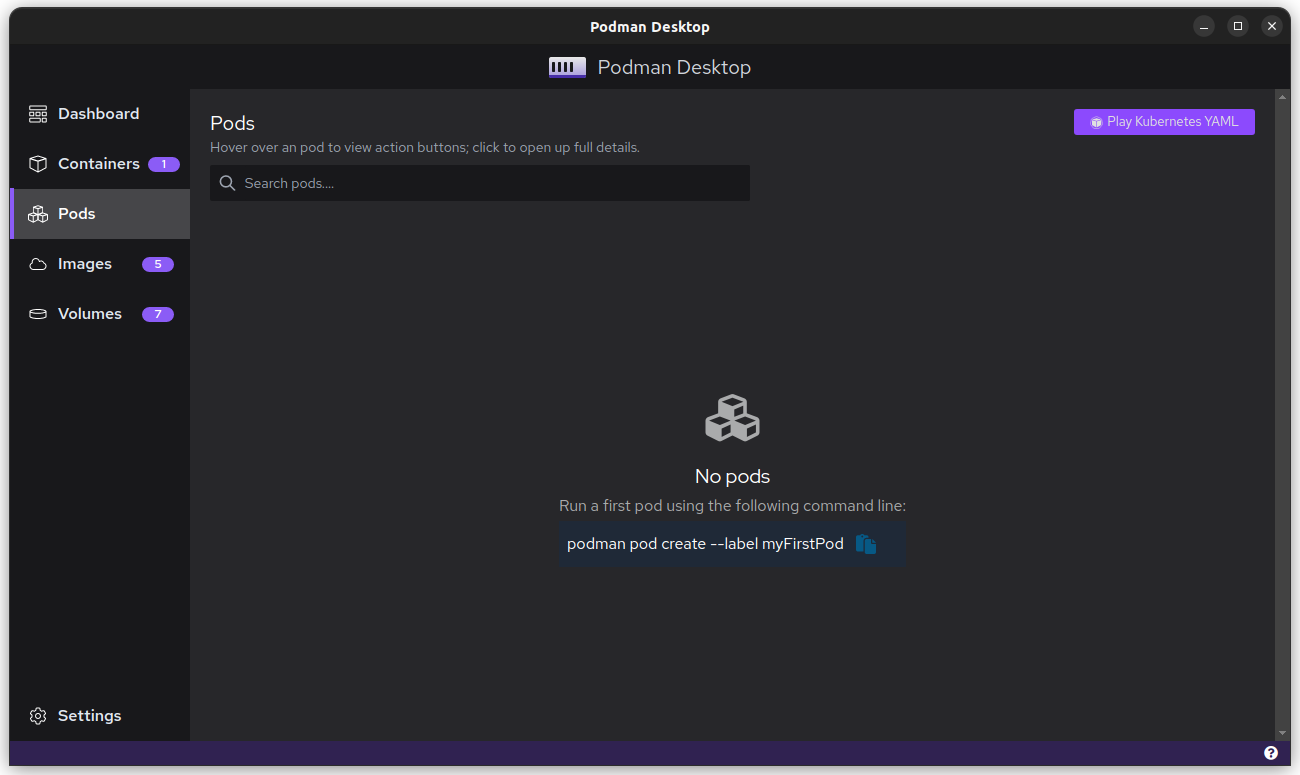 Screenshot of Pods in Podman Desktop