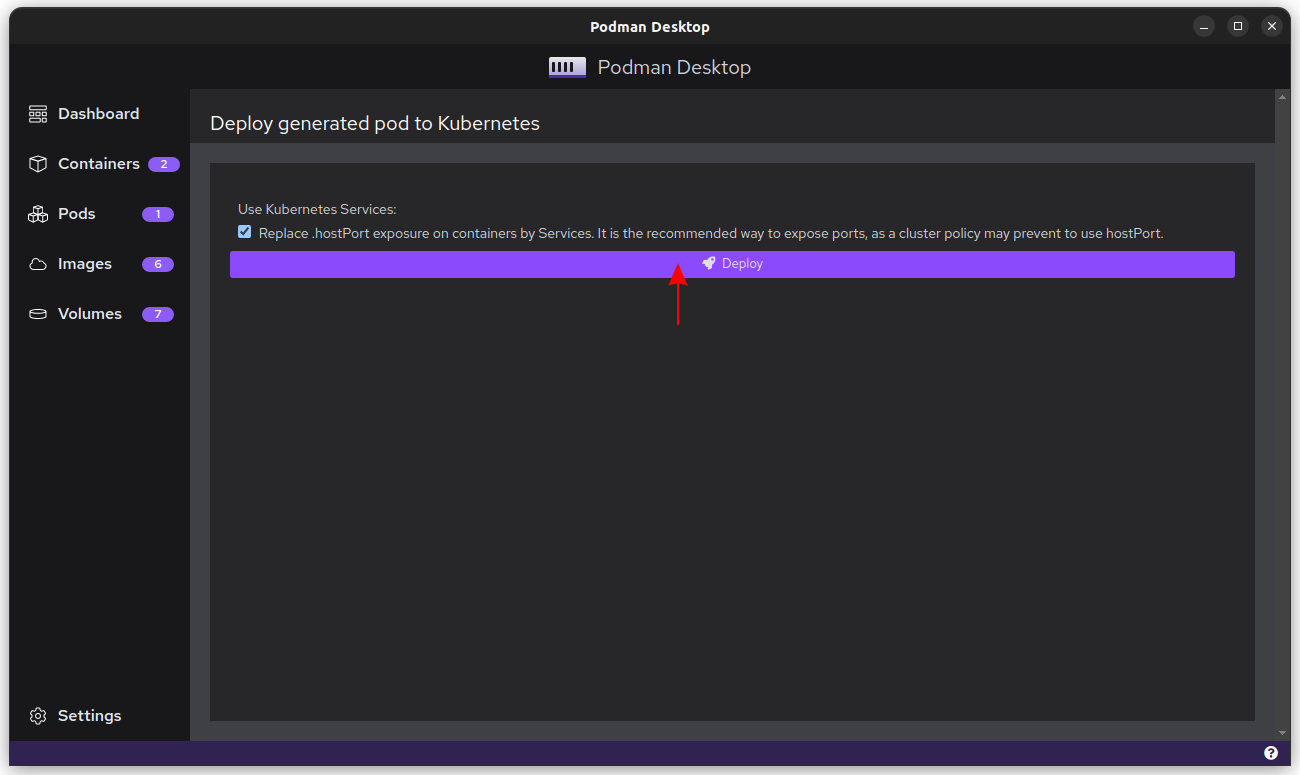 Screenshot of deploying to Kubernetes from Podman Desktop