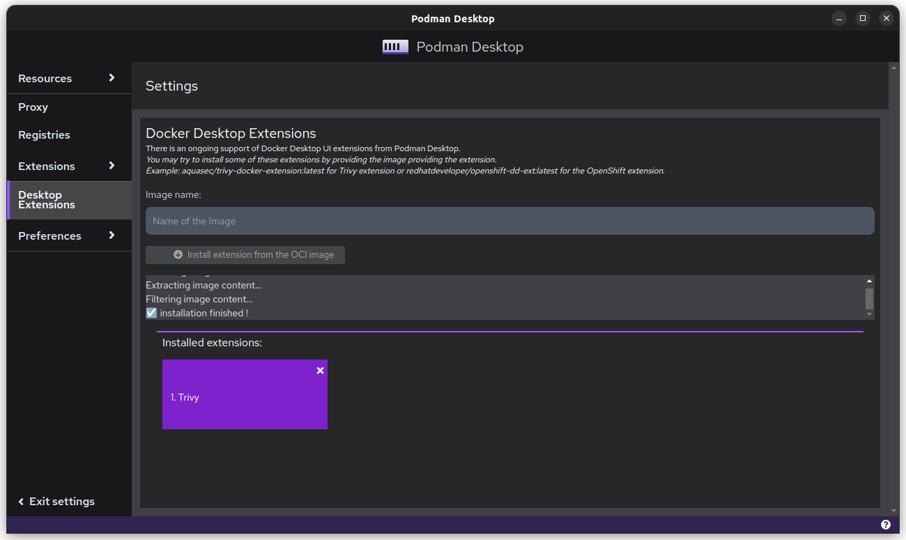 Screenshot of installing an extension in Podman Desktop