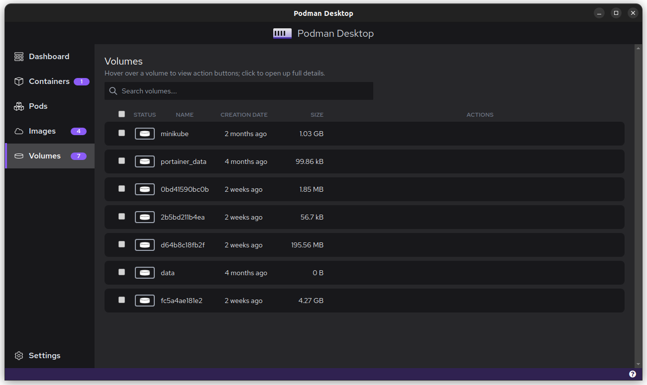 Screenshot of volumes in Podman Desktop
