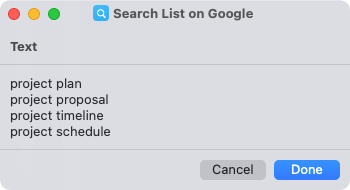 Search terms in the Search List on Google Shortcut