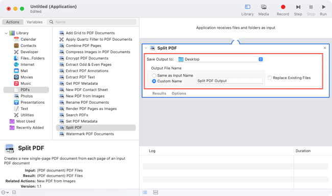 Options for Split PDF in the Automator workflow