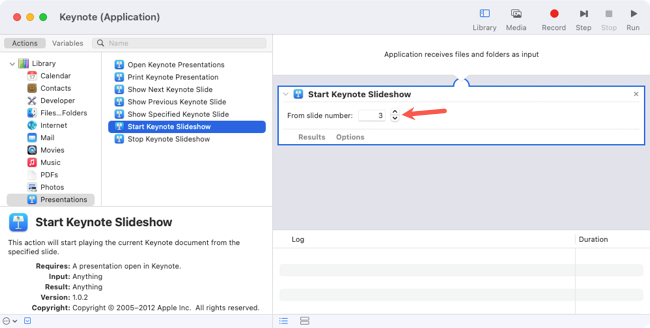Start Keynote Slideshow action Message to add the Copy action in the Automator workflow