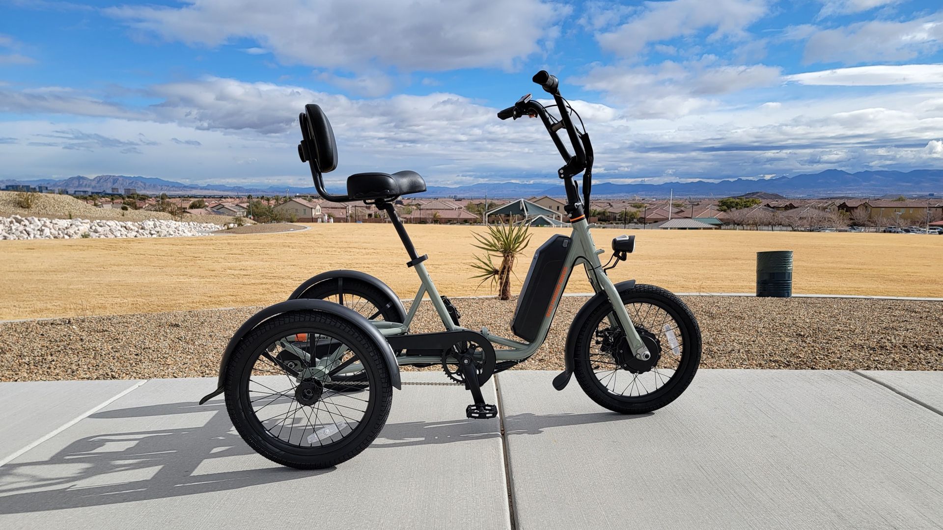 RadTrike e-bike at a park on a hill.