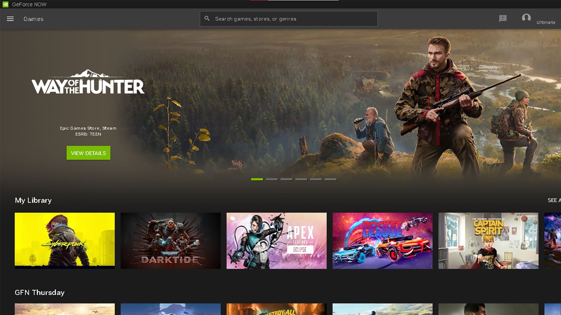 The NVIDIA GeForce NOW Windows app on the homepage.