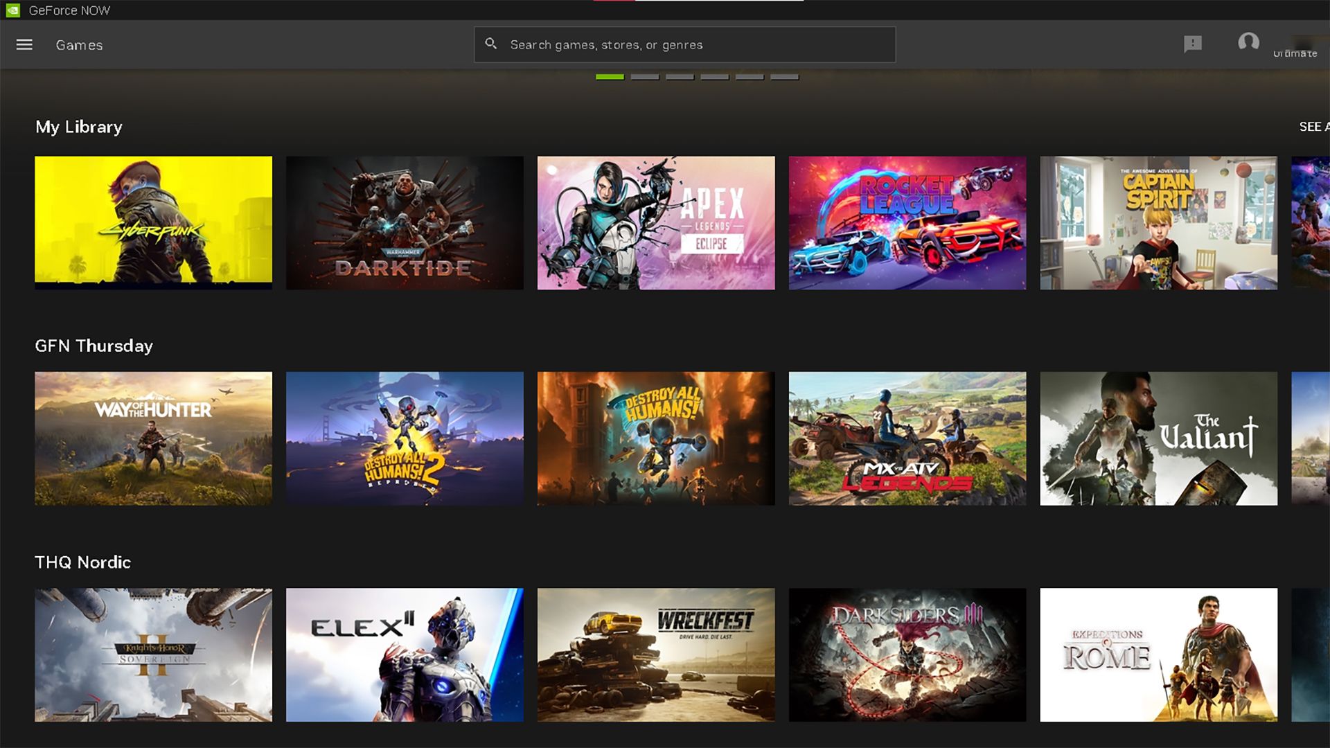A screenshot of the GFN Thursday category in the NVIDIA GeForce NOW Windows app.